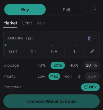 BasedBot order panel with Buy and Sell tabs, market, limit and advanced orders, amount presets, slippage, priority and MEV protection