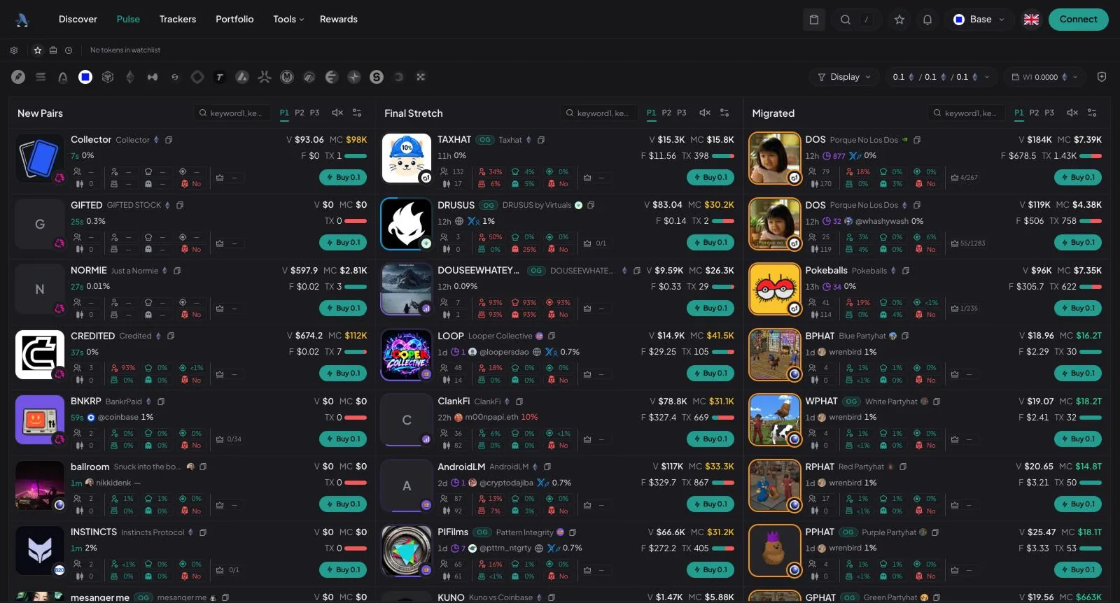 BasedBot Pulse page with New Pairs, Final Stretch and Migrated columns of token cards, each with volume, market cap and a Buy 0.1 button